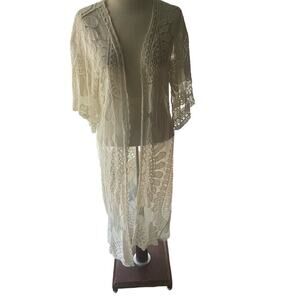 Rebellion Again Size Medium Crochet Sheer Kimono Duster Cream Ivory Boho